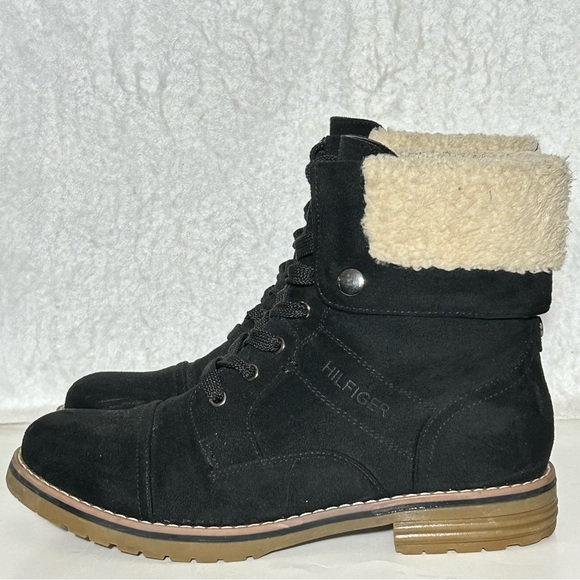 Tommy Hilfiger Womens Black Faux Sherpa Top Lace Combat Winter Boots SZ US 8 M - Picture 2 of 11